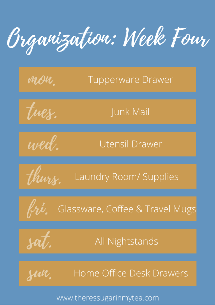 Get Organized in 4 Weeks, how to get organized. how to reorganize your home in just 4 weeks, There's Sugar in My Tea, Charlotte NC Blog