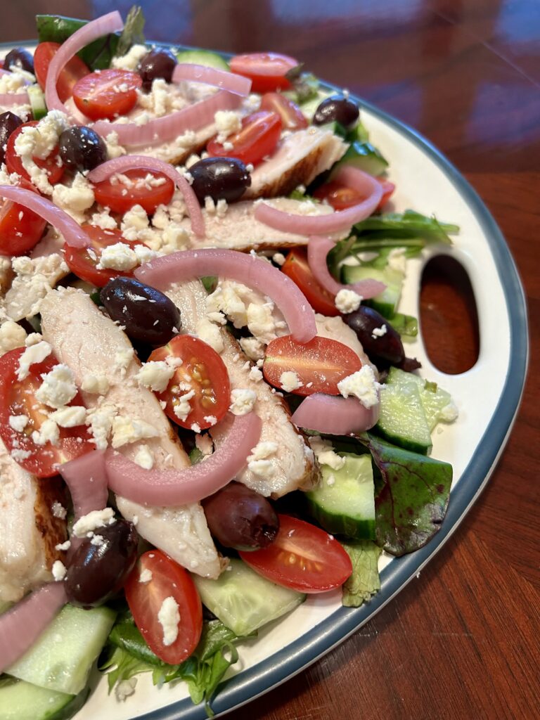 Healthy Mediterranean Dinner Salad Recipe, quick weeknight dinner recipe, there's sugar in my tea, charlotte nc blogs